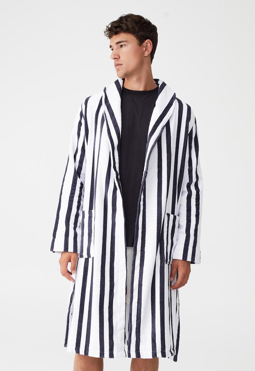 Cotton On - Mens towelling gown - white & true navy stripe
