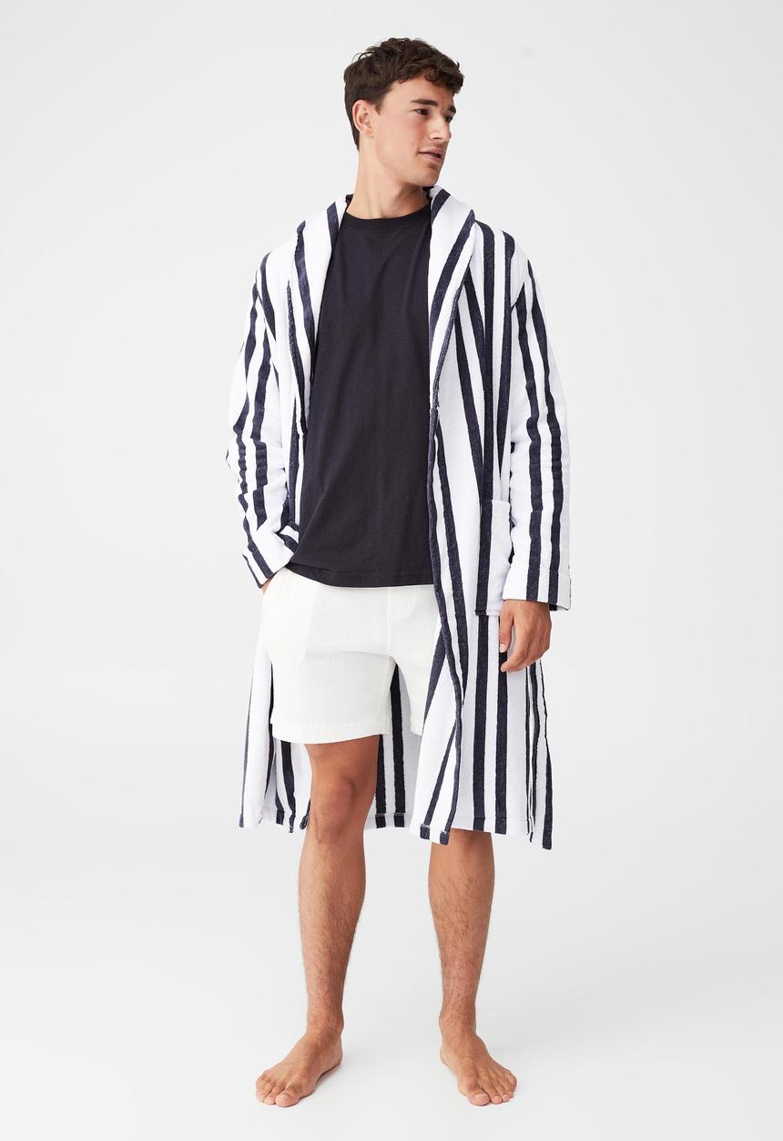 Cotton On - Mens towelling gown - white & true navy stripe