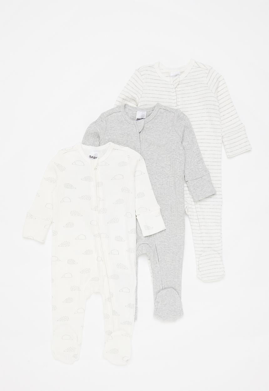 Cotton On - 3 Pack organic newborn zip through rompers - off white & grey 