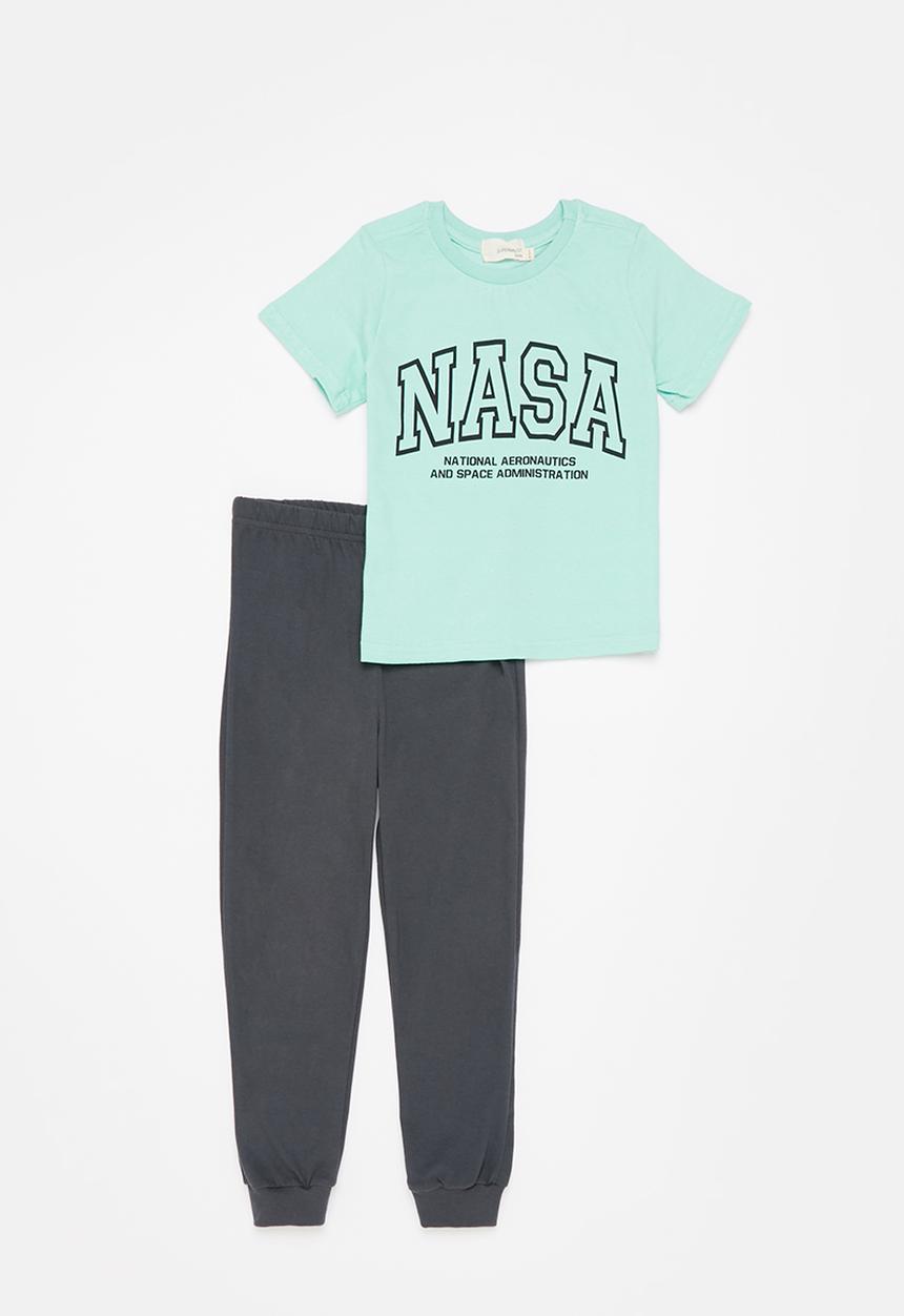 Superbalist Kids - NASA tee & shorts pj set - aqua & charcoal