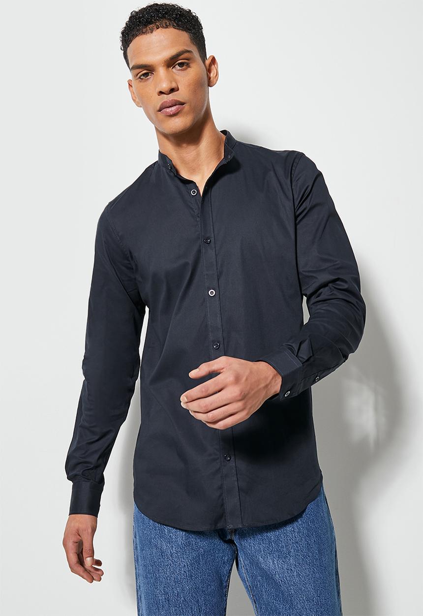 Superbalist - Wu slim stretch mandarin shirt - navy