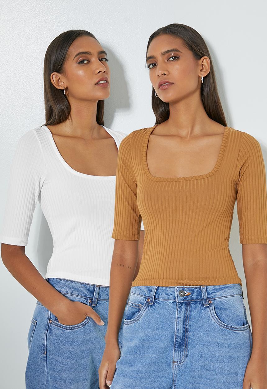 Superbalist - 2 Pack wide rib low scoop neck tee - white & tobacco