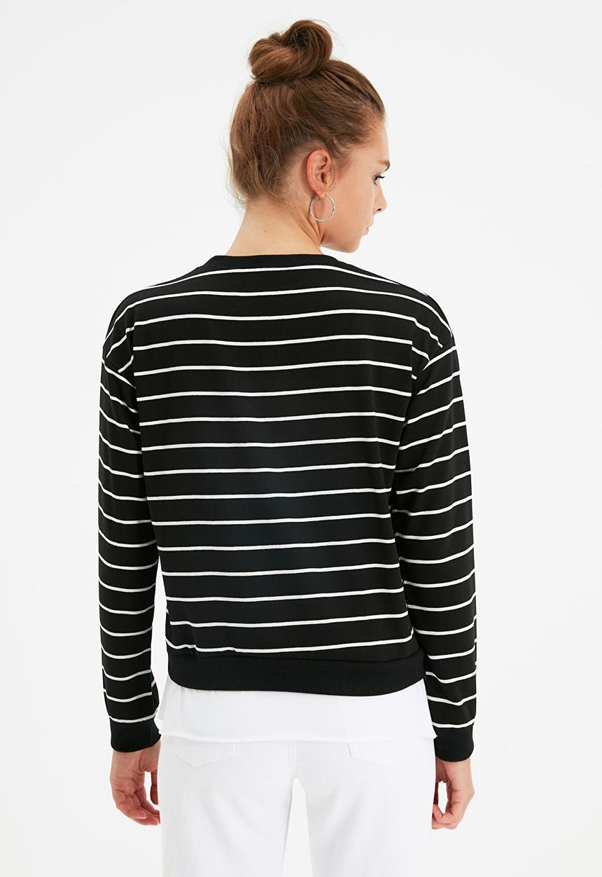 Trendyol - Striped basic knit slim thin sweatshirt - black