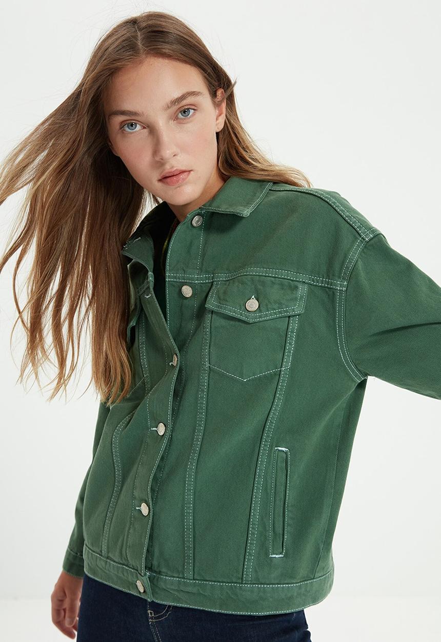 Trendyol - Contrast thread basic denim jacket - khaki