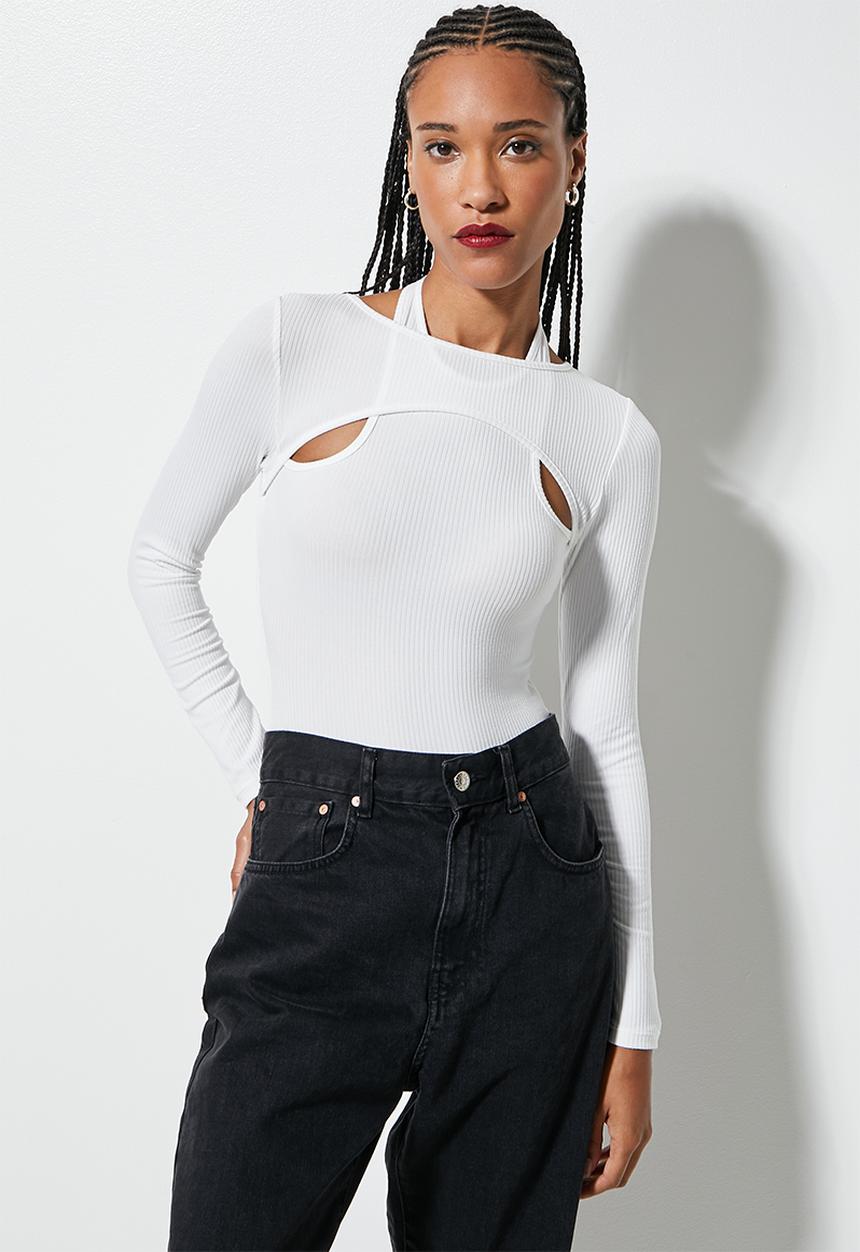 VELVET - Cut out overlay rib bodysuit - milk