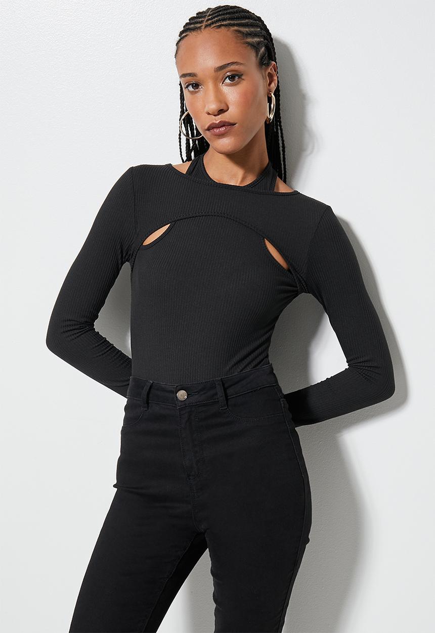 VELVET - Cut out overlay rib bodysuit - black