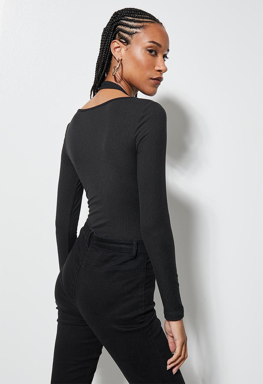 VELVET - Cut out overlay rib bodysuit - black