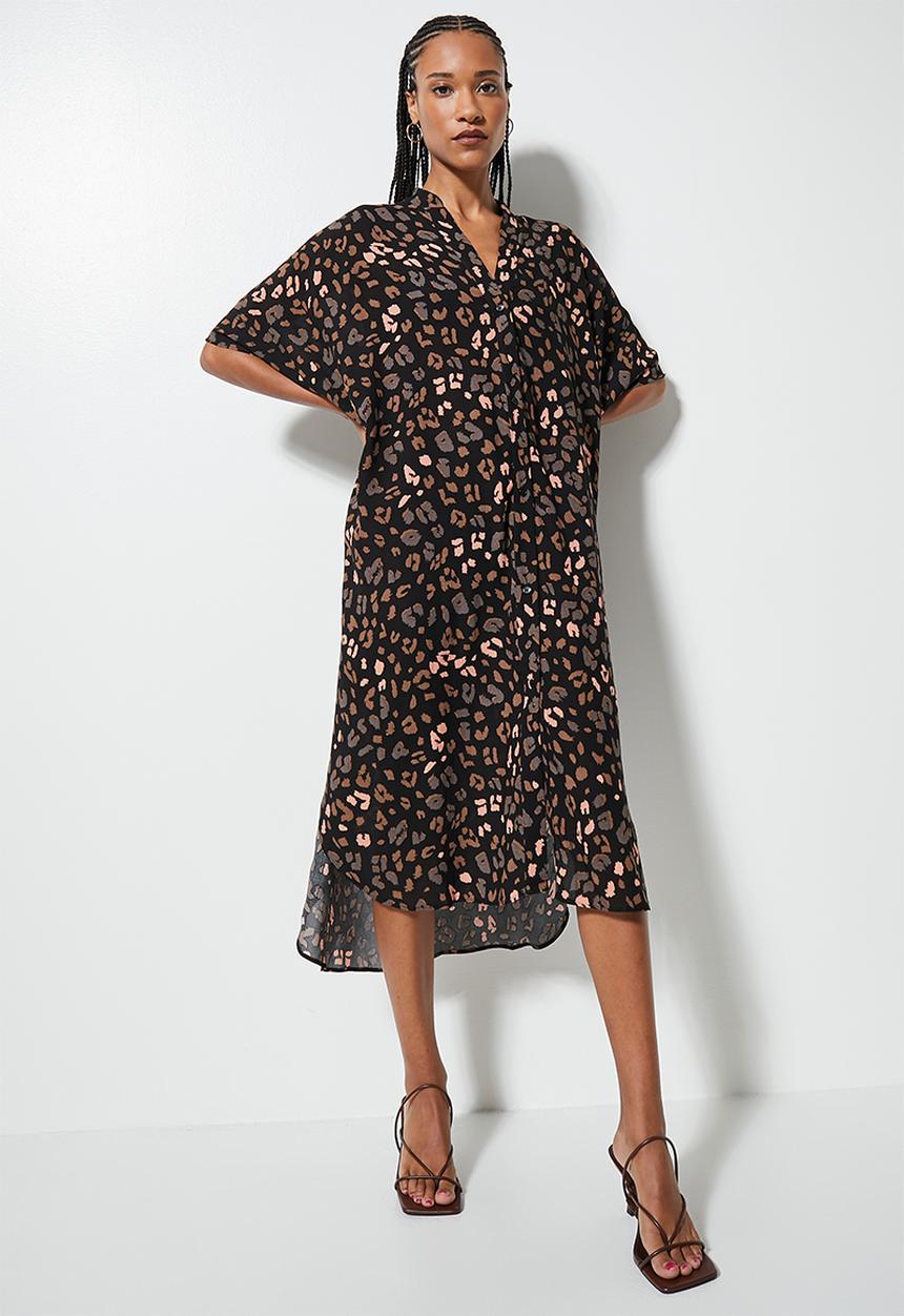 VELVET - Mandarin collar kaftan dress - black animal