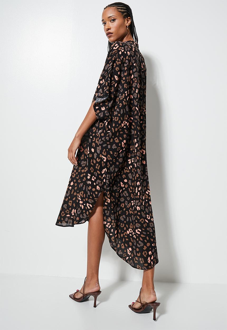 VELVET - Mandarin collar kaftan dress - black animal