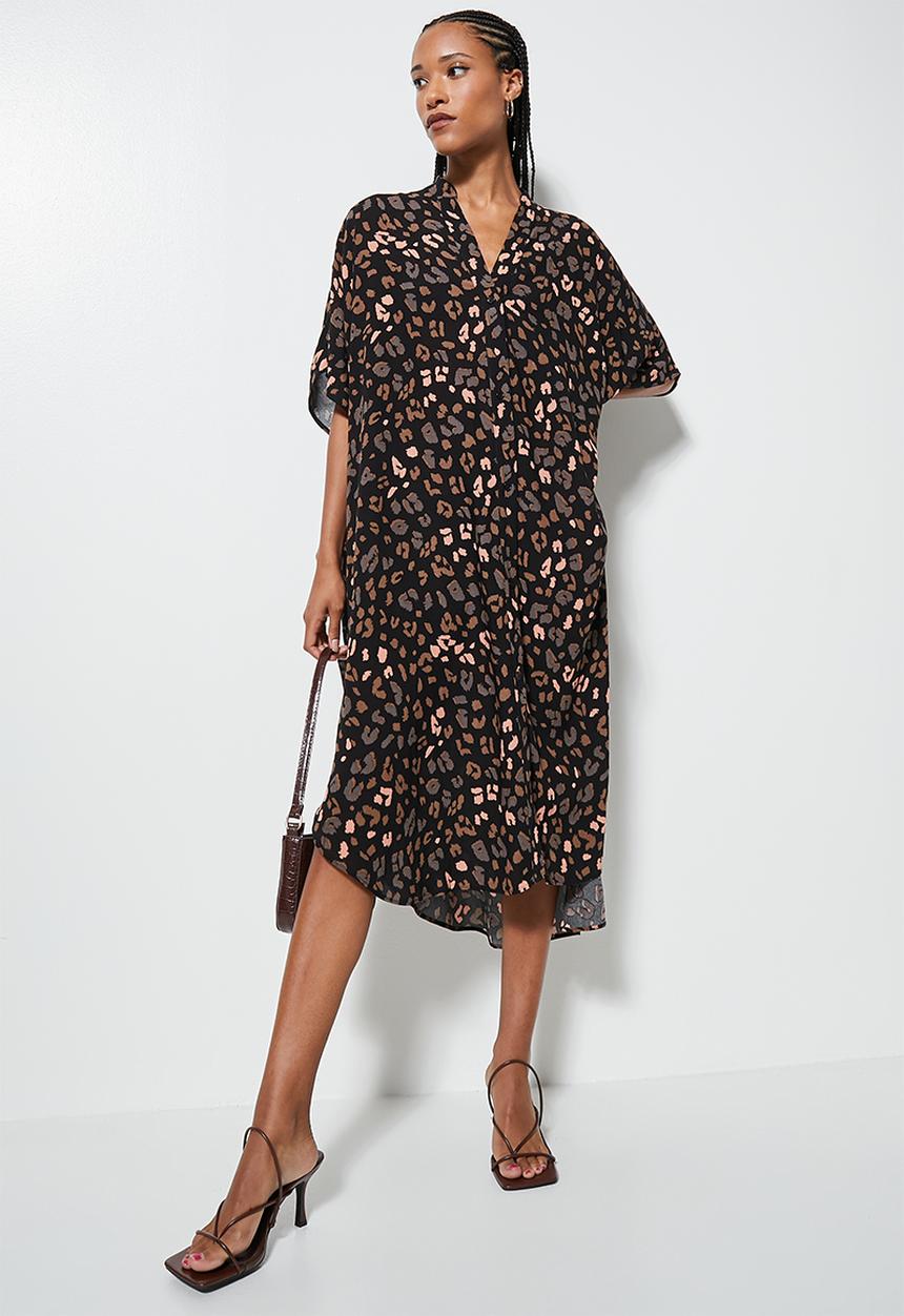VELVET - Mandarin collar kaftan dress - black animal