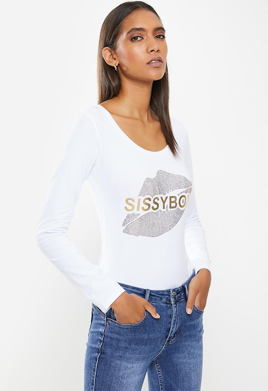 SISSY BOY - Basic long sleeve top with mixed foil print and bling artwork - white