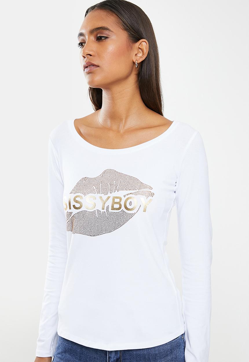 SISSY BOY - Basic long sleeve top with mixed foil print and bling artwork - white