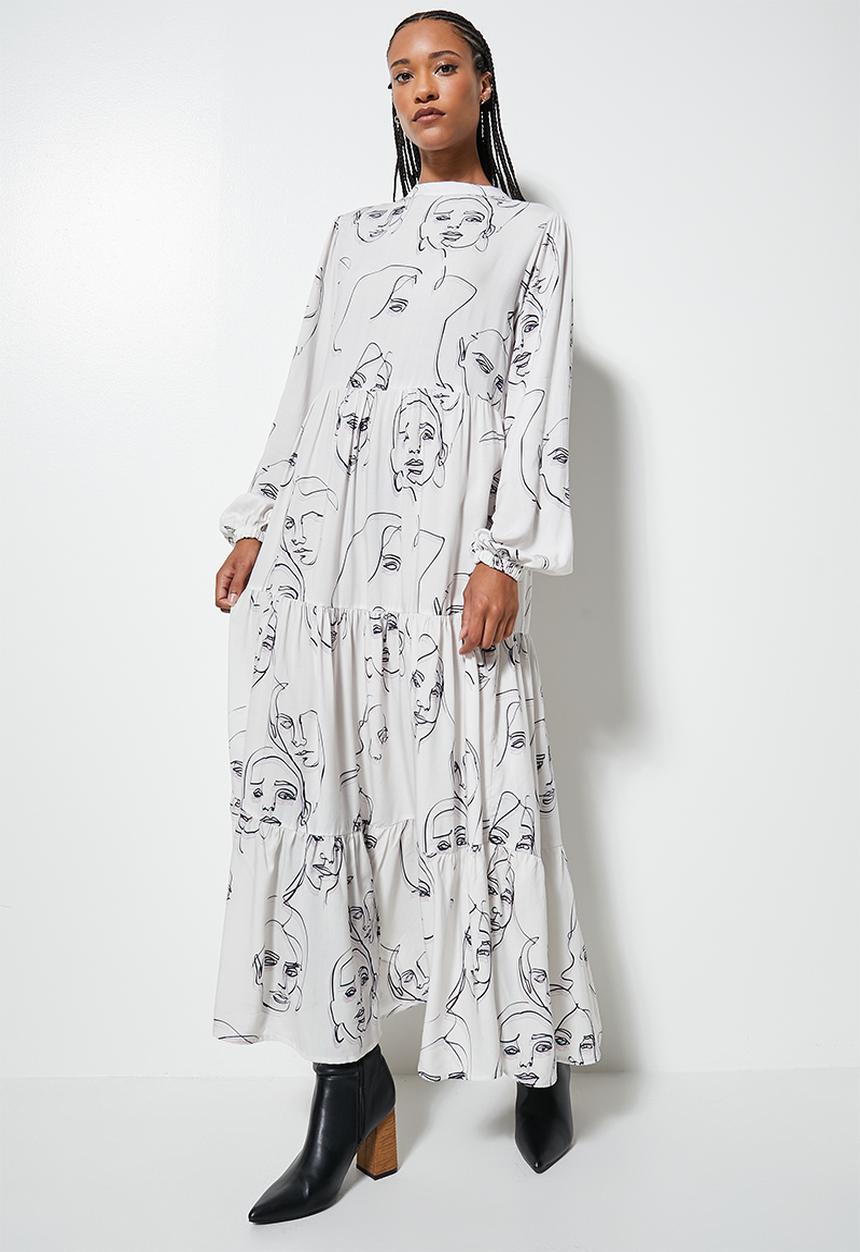 Superbalist - Funnel neck tiered dress - light base face print
