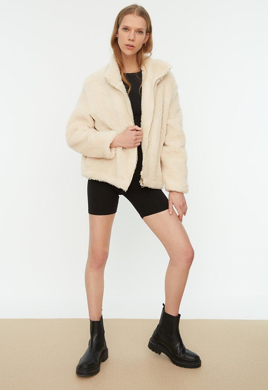 Trendyol - Stand up collar zipper closure coat - ecru