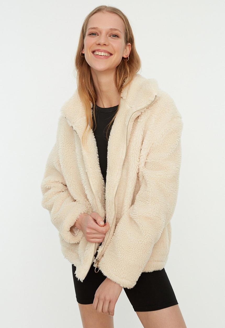 Trendyol - Stand up collar zipper closure coat - ecru
