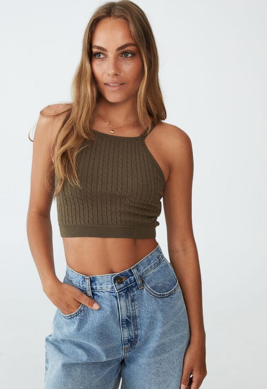 Cotton On - Easy crop micro cable cami - dusty olive