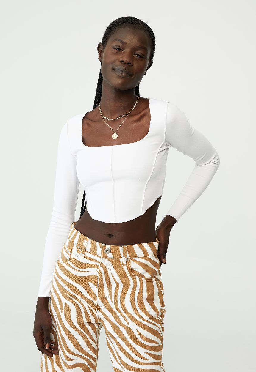 Cotton On - Blair exposed seam square neck long sleeve top - white