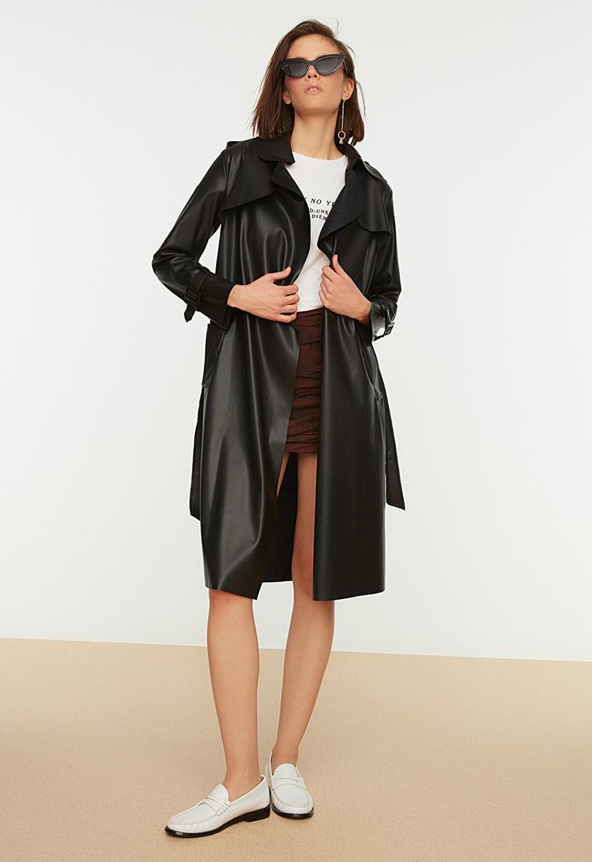 Trendyol - Belted faux leather trench coat - black