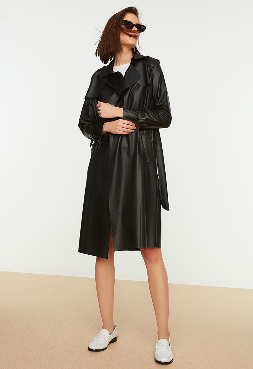 Trendyol - Belted faux leather trench coat - black