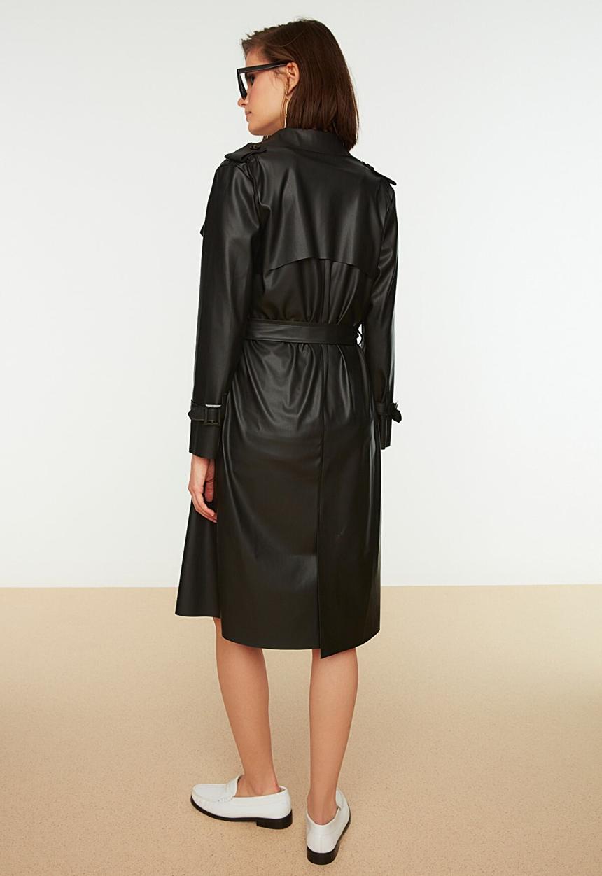 Trendyol - Belted faux leather trench coat - black
