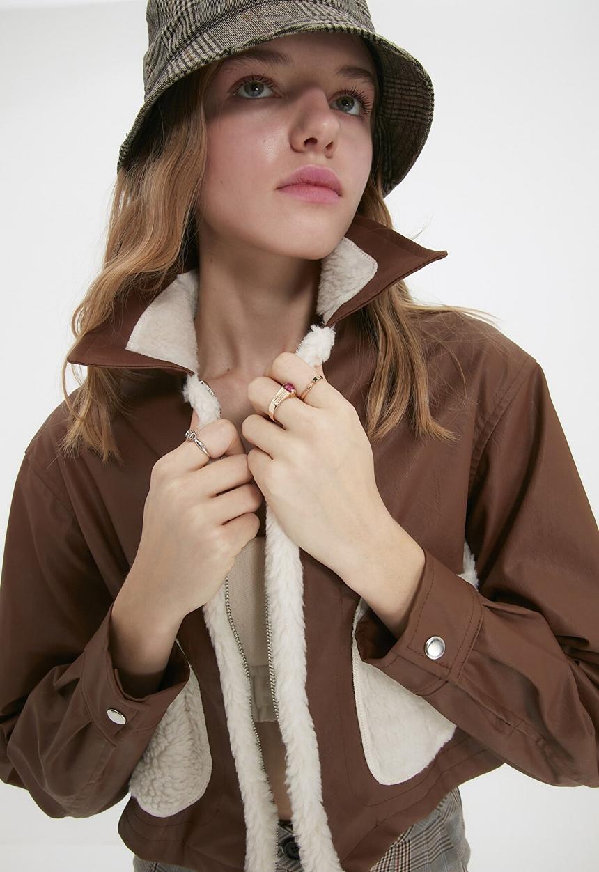 Trendyol - Faux leather plush coat - brown
