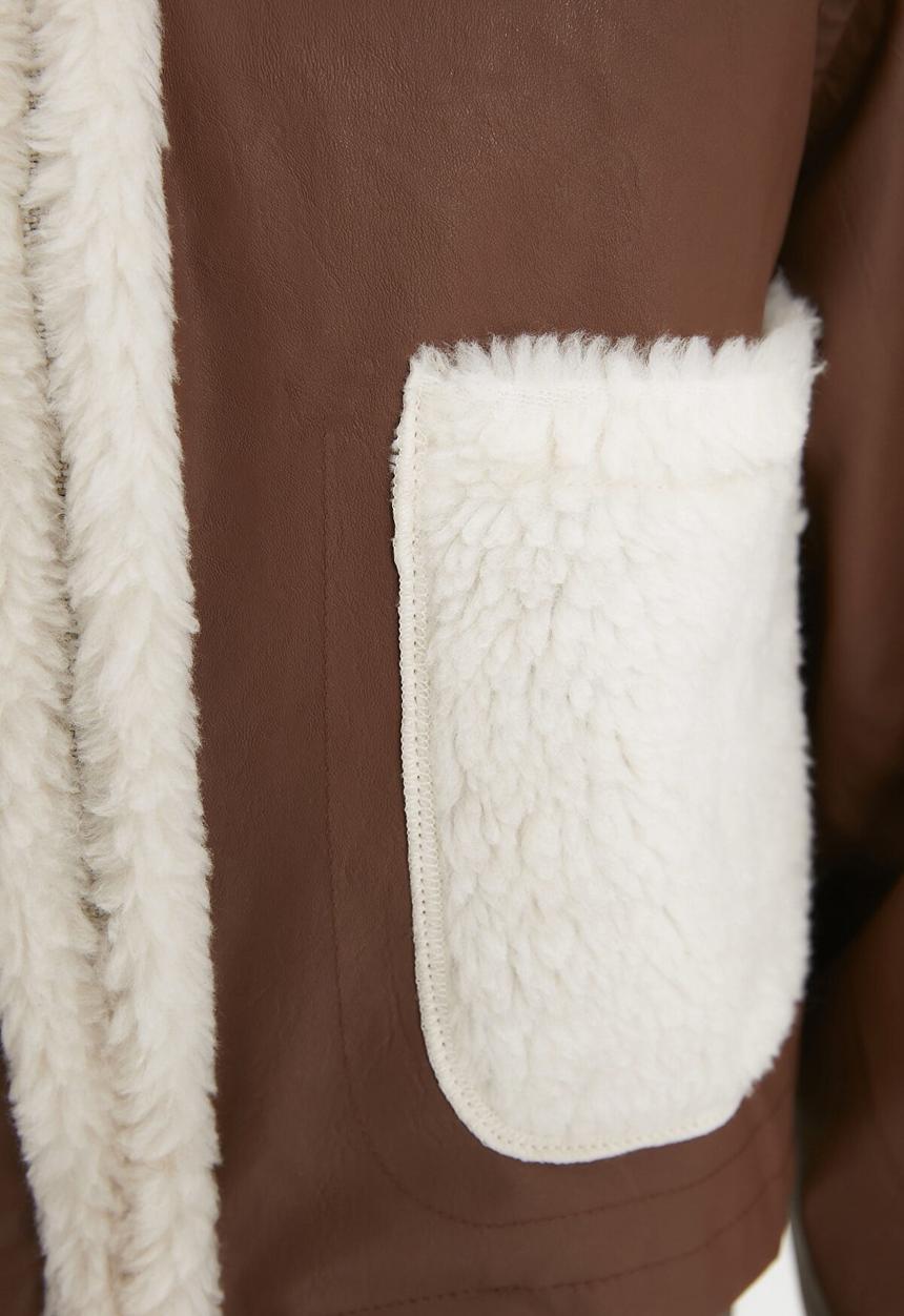 Trendyol - Faux leather plush coat - brown