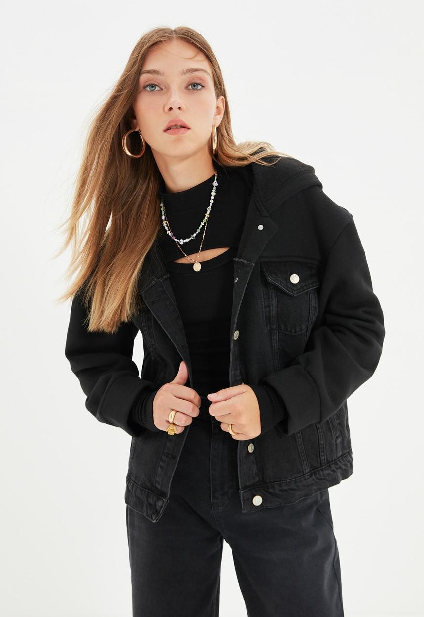 Trendyol - Hooded denim jacket - black