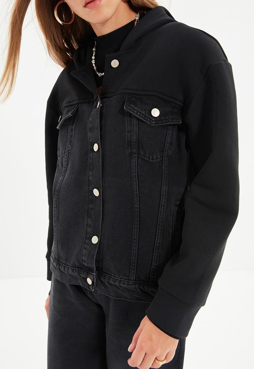 Trendyol - Hooded denim jacket - black