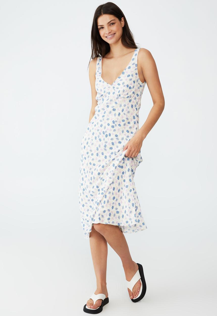 Cotton On - Rose v-neck midi dress - mya floral haze blue