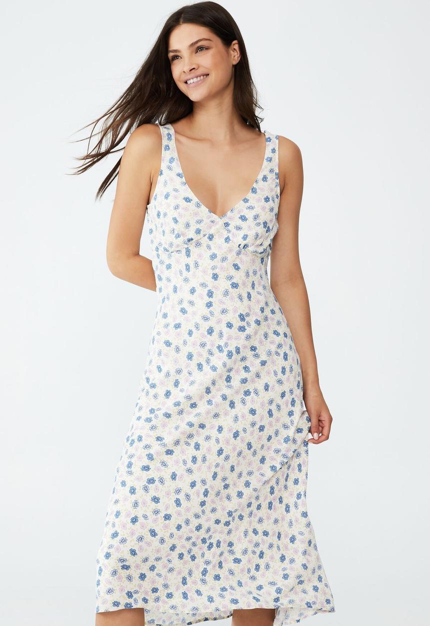 Cotton On - Rose v-neck midi dress - mya floral haze blue