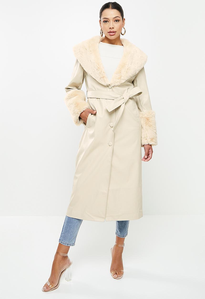 Missguided - Plush faux fur trim pu belted trench - stone