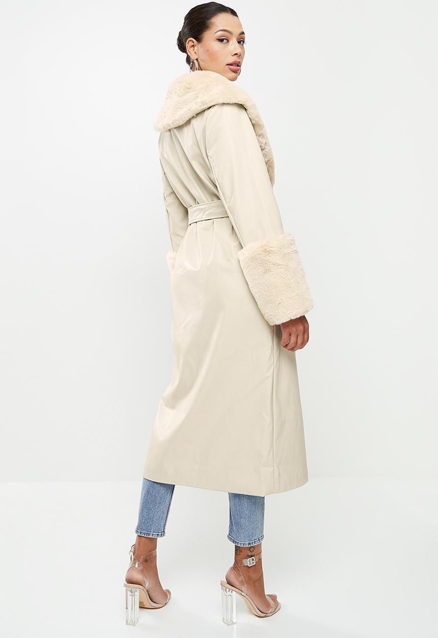 Missguided - Plush faux fur trim pu belted trench - stone