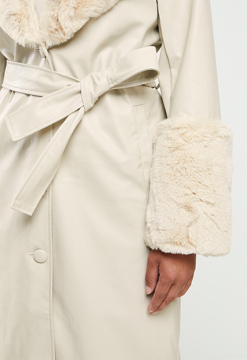 Missguided - Plush faux fur trim pu belted trench - stone