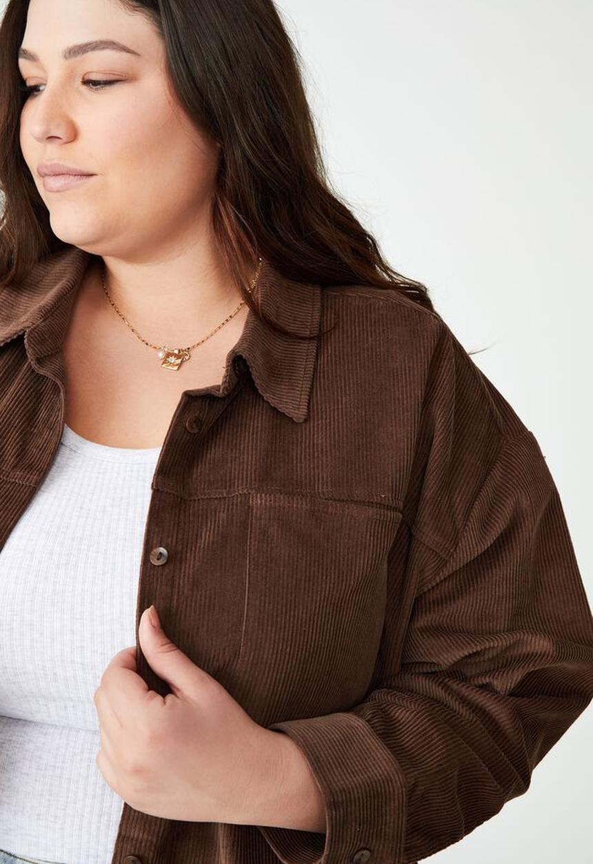 Cotton On - Curve the lightweight cord shacket - leaf brown