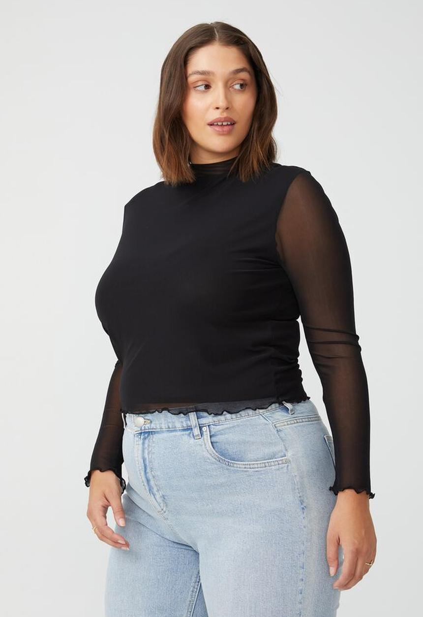 Cotton On - Curve addison mesh mock neck long sleeve top - black