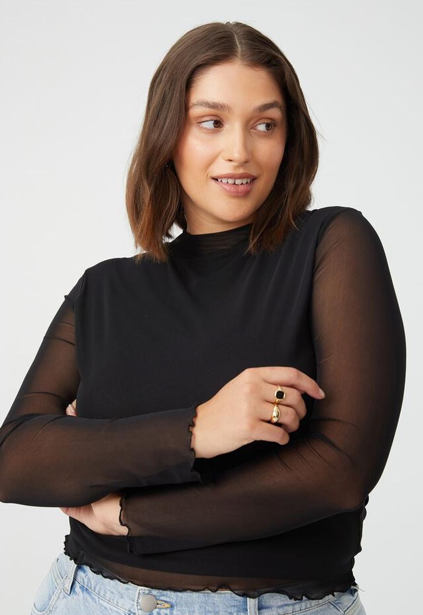 Cotton On - Curve addison mesh mock neck long sleeve top - black