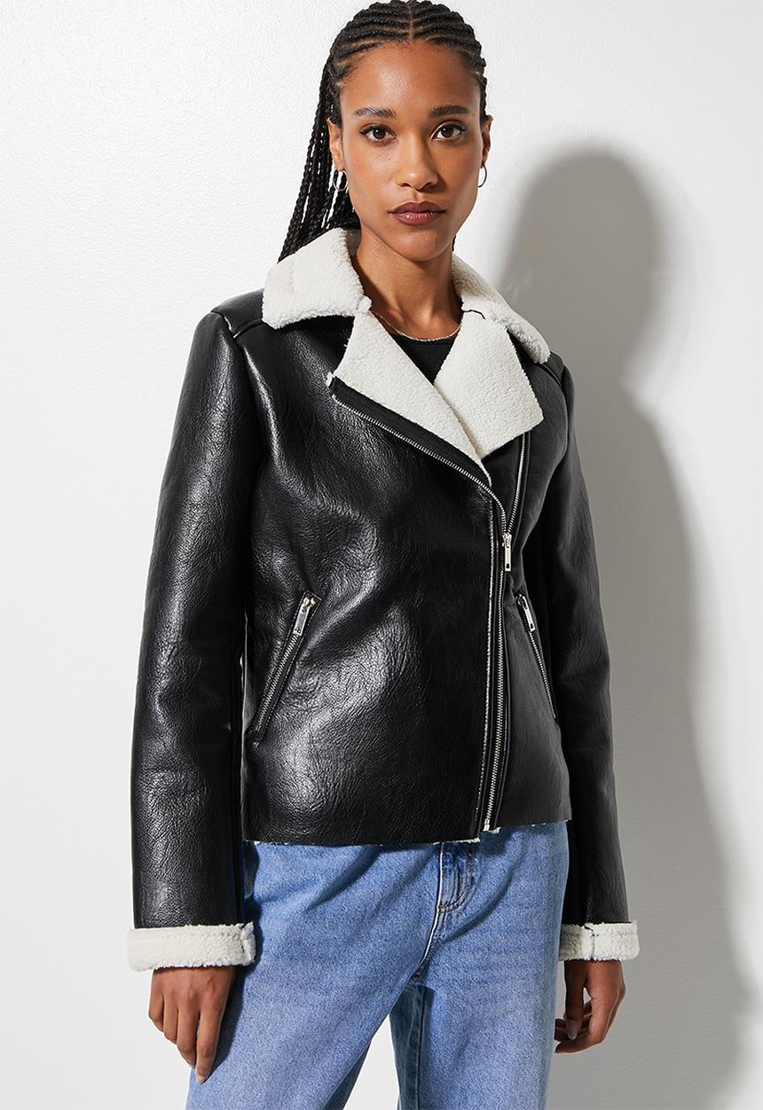 Superbalist - Sherpa biker jacket - black & white 