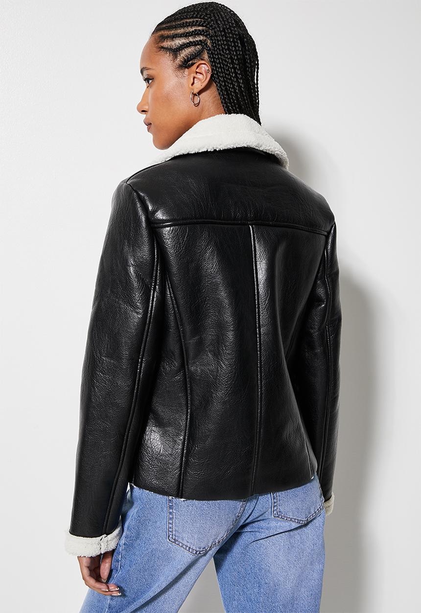 Superbalist - Sherpa biker jacket - black & white 