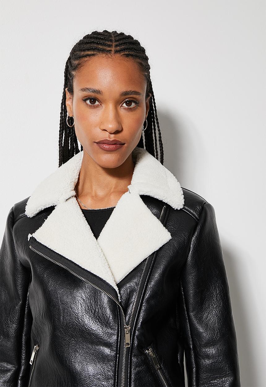 Superbalist - Sherpa biker jacket - black & white 