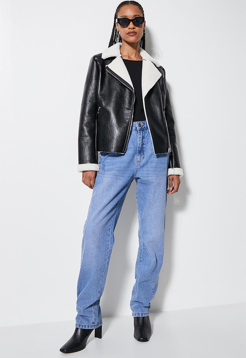 Superbalist - Sherpa biker jacket - black & white 