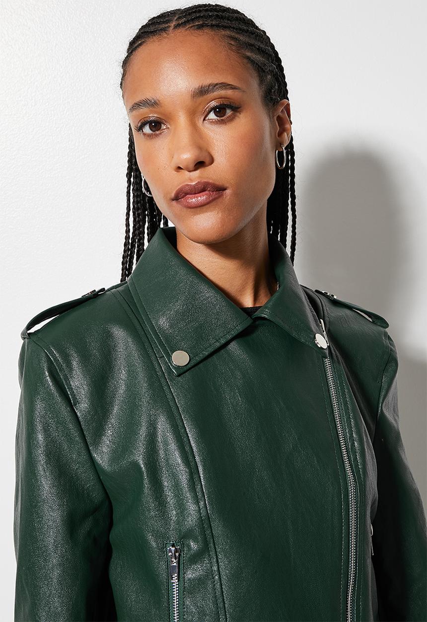 Superbalist - Leather look biker jacket -  bottle green