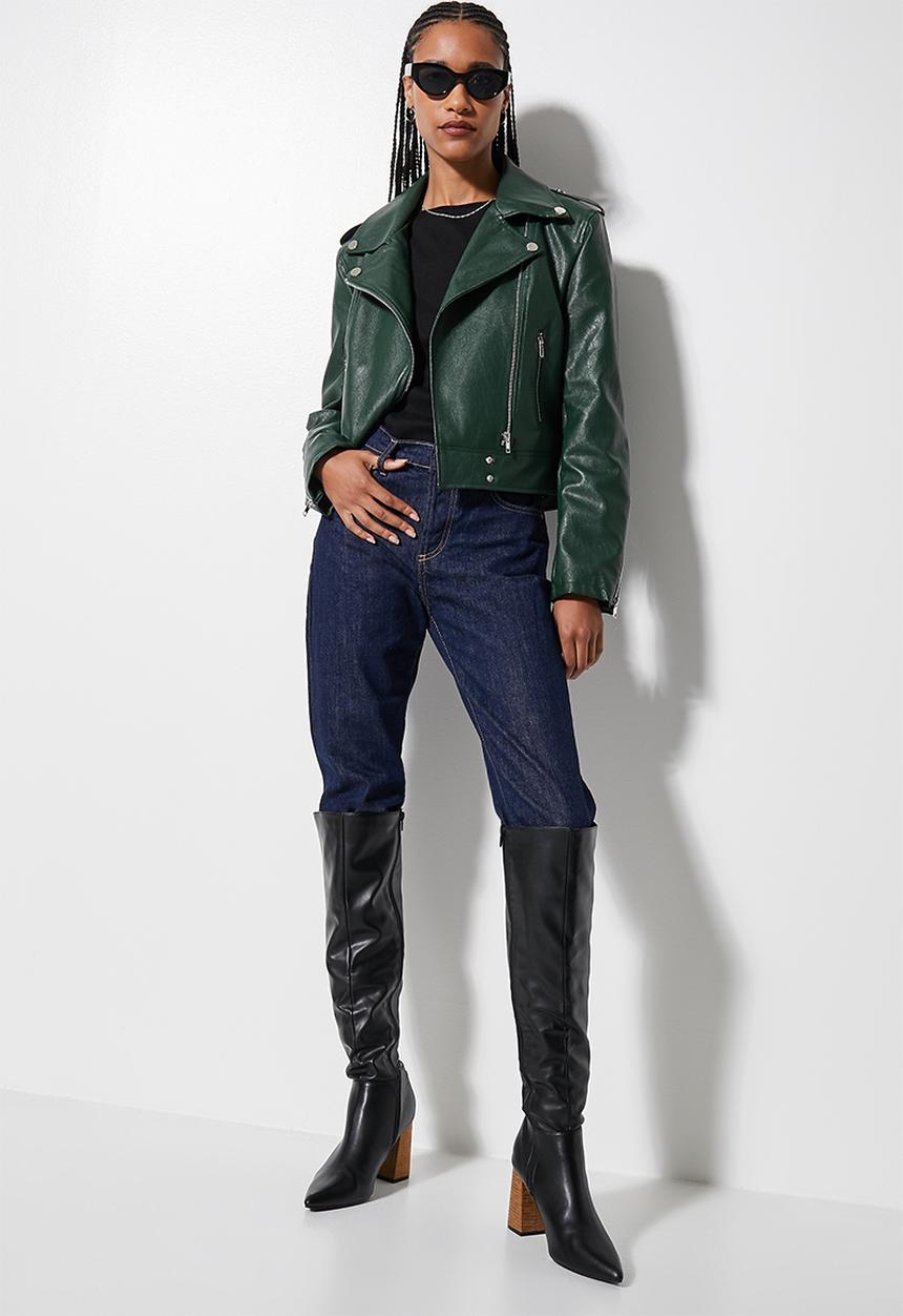 Superbalist - Leather look biker jacket -  bottle green