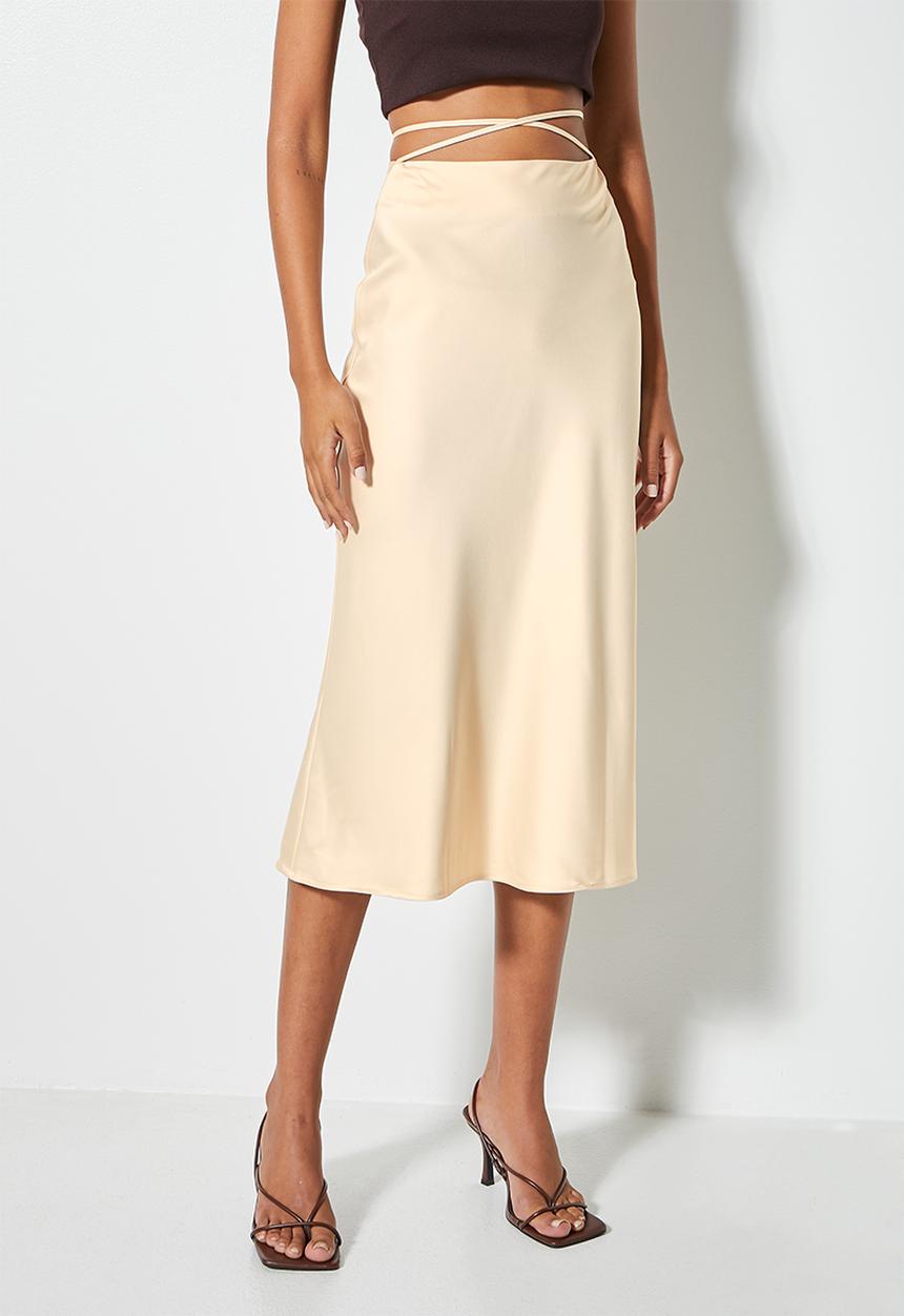 VELVET - Satin slip skirt with tie flossing detail - neutral