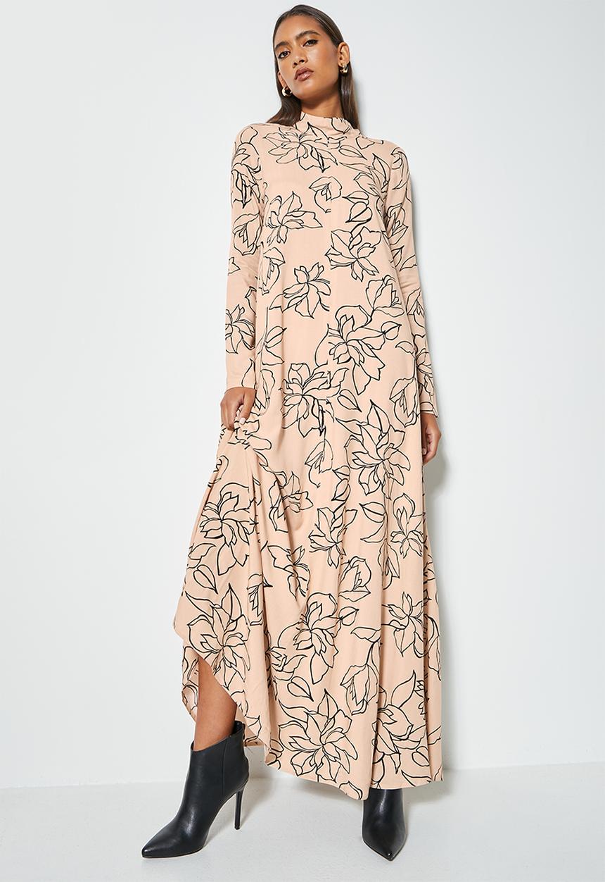 VELVET - Large scale floral trapeze maxi dress - sand & black floral