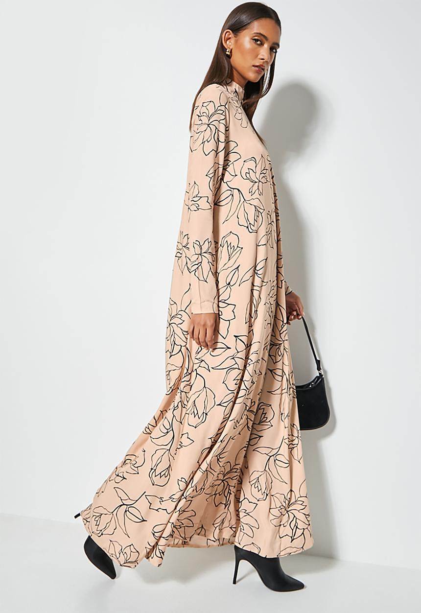 VELVET - Large scale floral trapeze maxi dress - sand & black floral