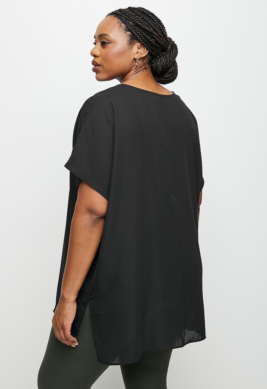 edit Plus - V-neck hi low hem shell top - black