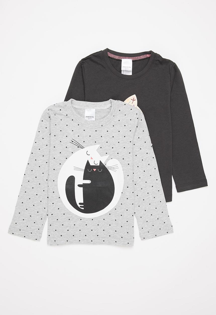 Pop Candy - Girls 2 pack printed long sleeve tee - black & grey 