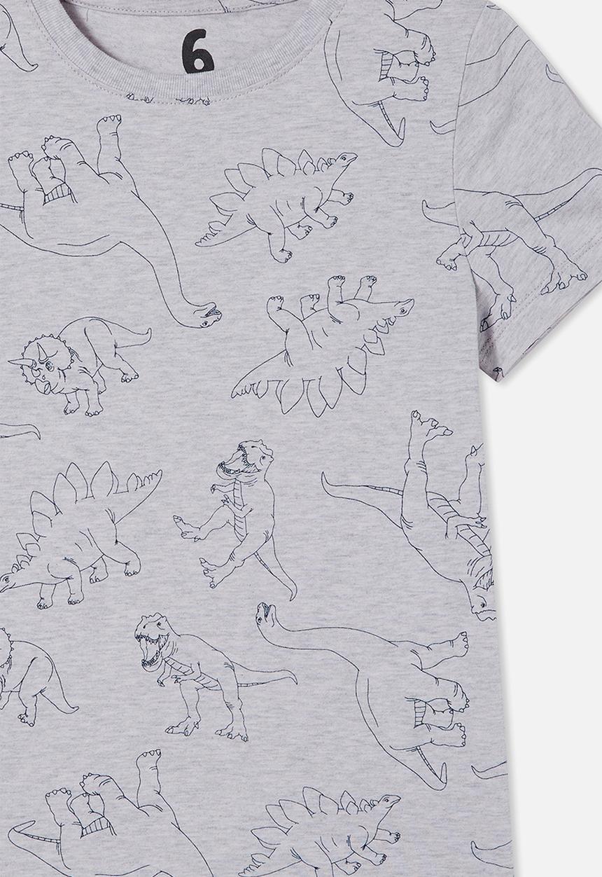 Cotton On - Max short sleeve tee - light grey marle/ navy dino outline yardage