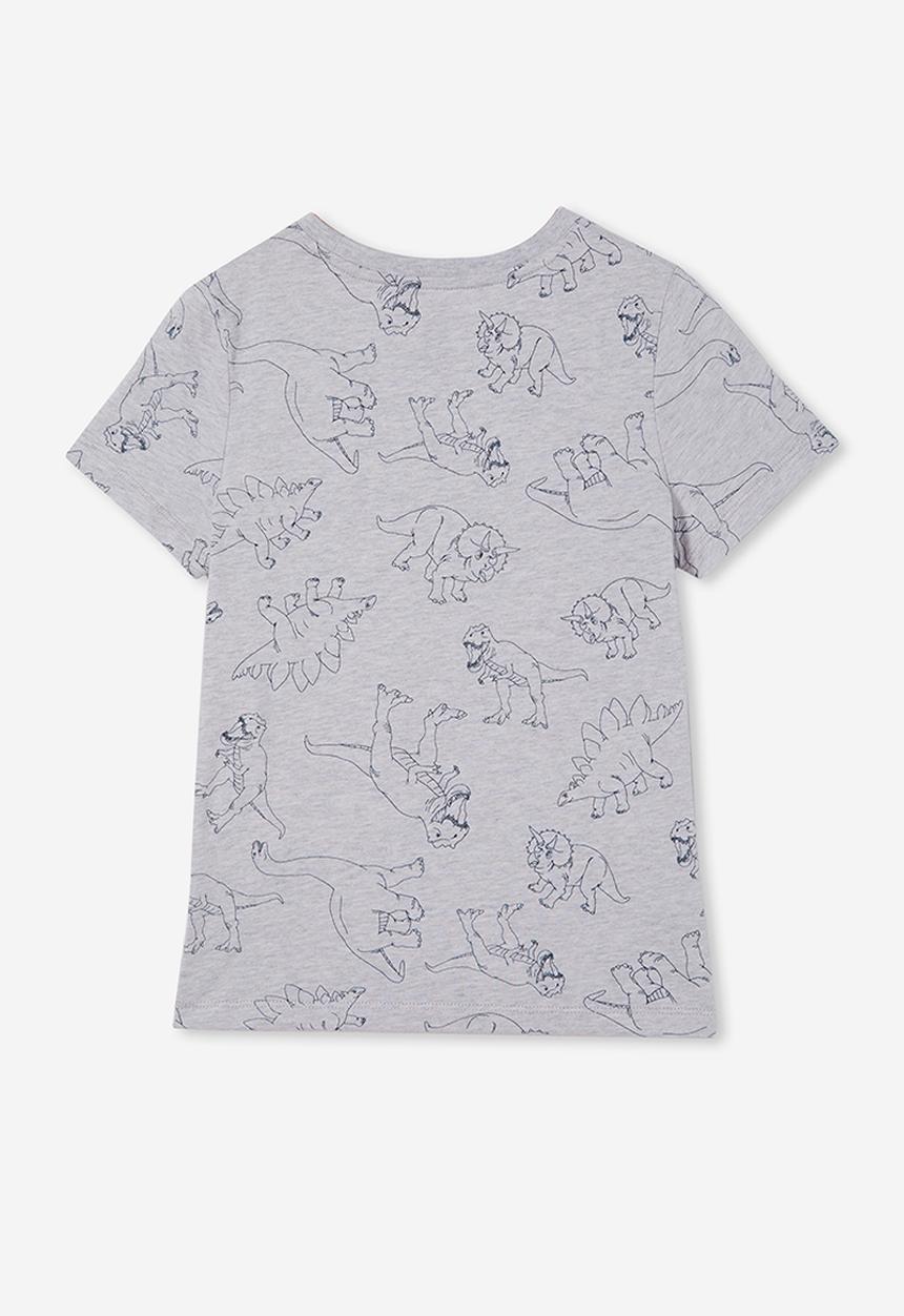 Cotton On - Max short sleeve tee - light grey marle/ navy dino outline yardage