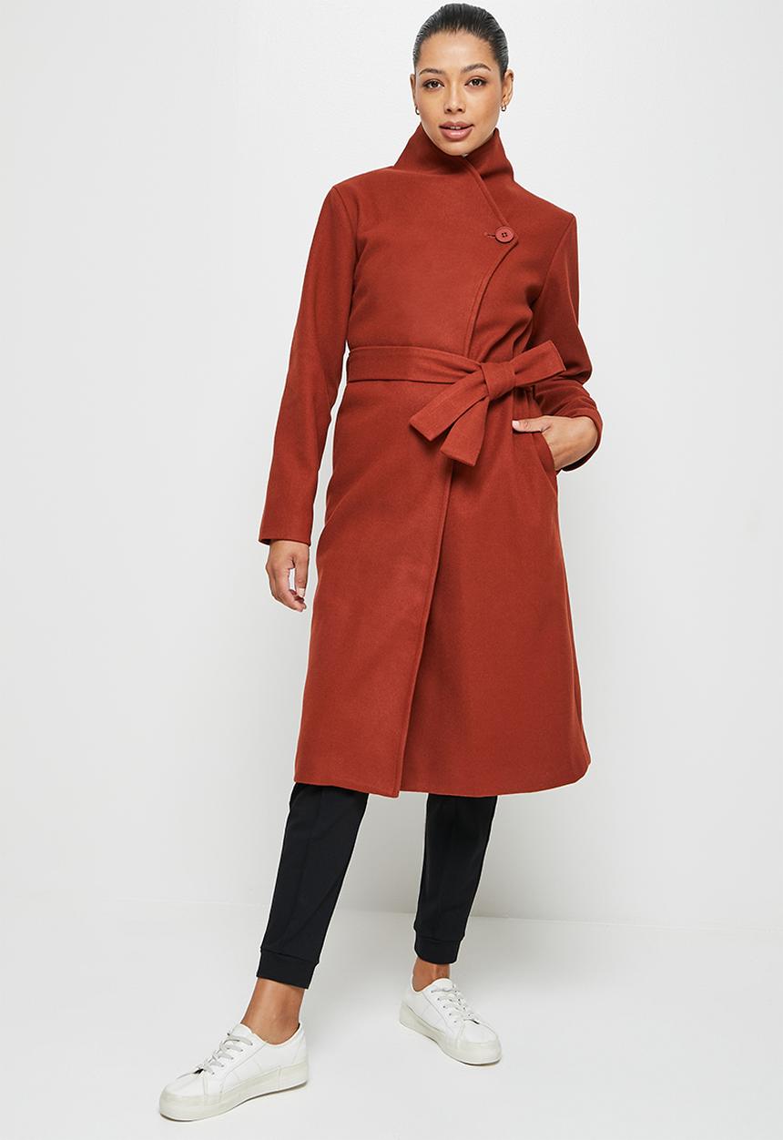 edit - High neck belted melton coats - dark tobacco